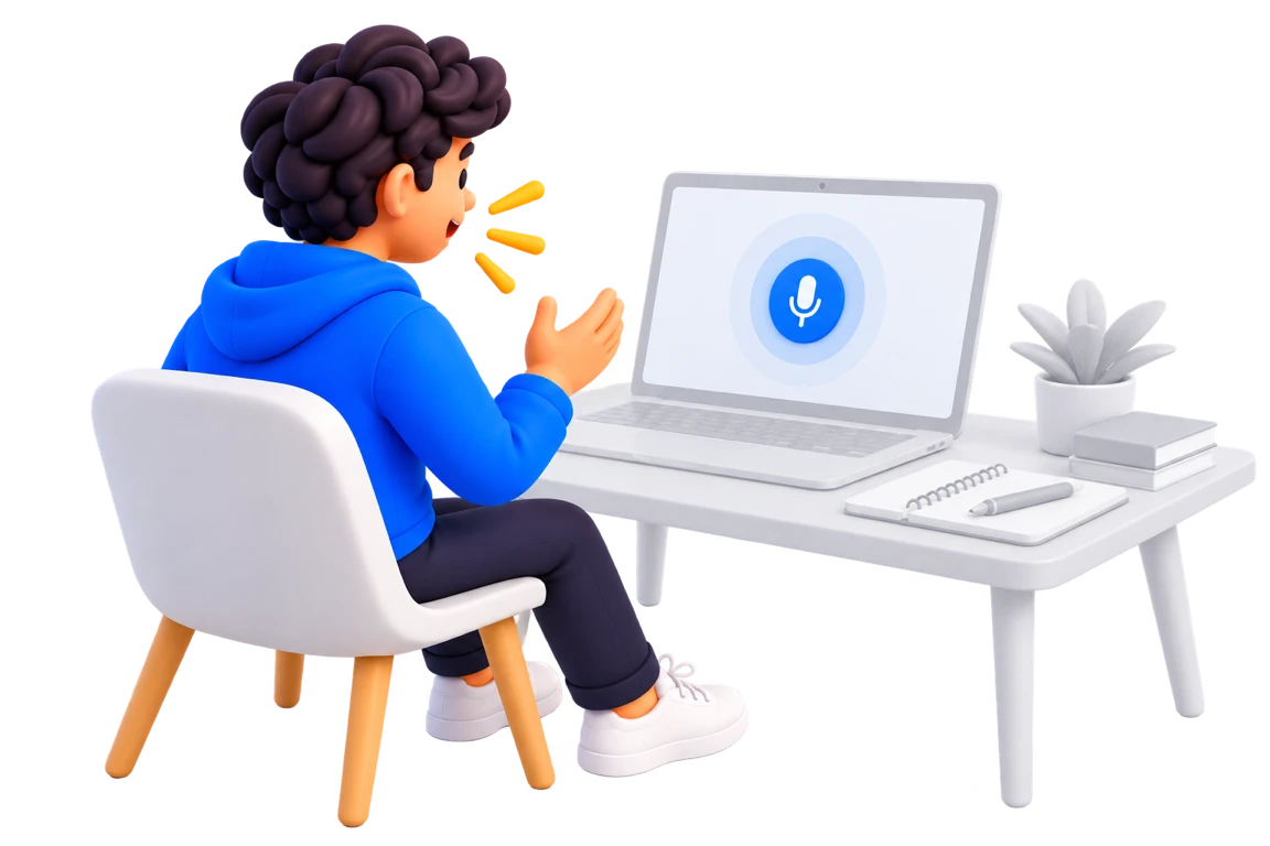Illustratie van een medewerker die een oefengesprek voert aan een bureau, met op het laptopscherm het microfoonicoon van een actief gesprek.