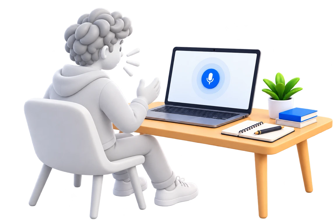 Illustratie van een medewerker die een oefengesprek voert aan een bureau, met op het laptopscherm het microfoonicoon van een actief gesprek.
