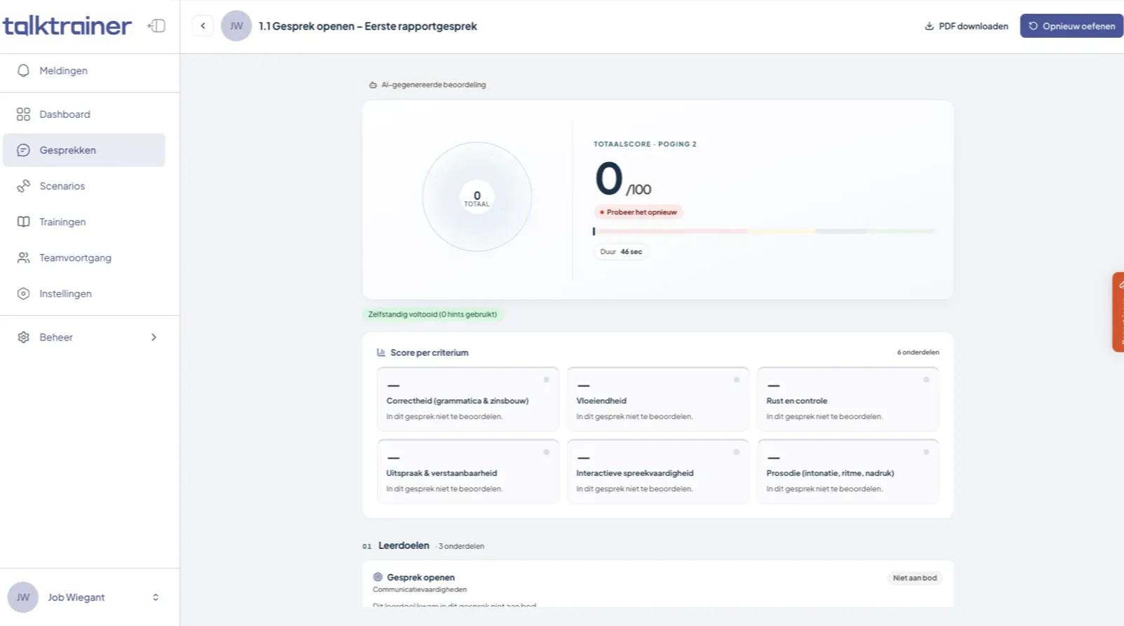 Het scoreoverzicht na een oefengesprek in TalkTrainer, met de totaalscore en de score per criterium.