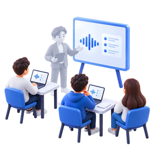 Illustratie van leerlingen die achter laptops oefenen met TalkTrainer, terwijl een docent het gesprek begeleidt.