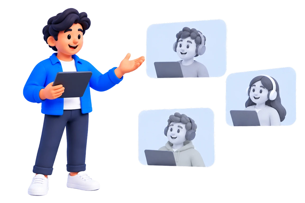 Illustratie van een trainer die op een tablet een oefensessie toont aan deelnemers die elk vanaf hun eigen scherm meedoen.