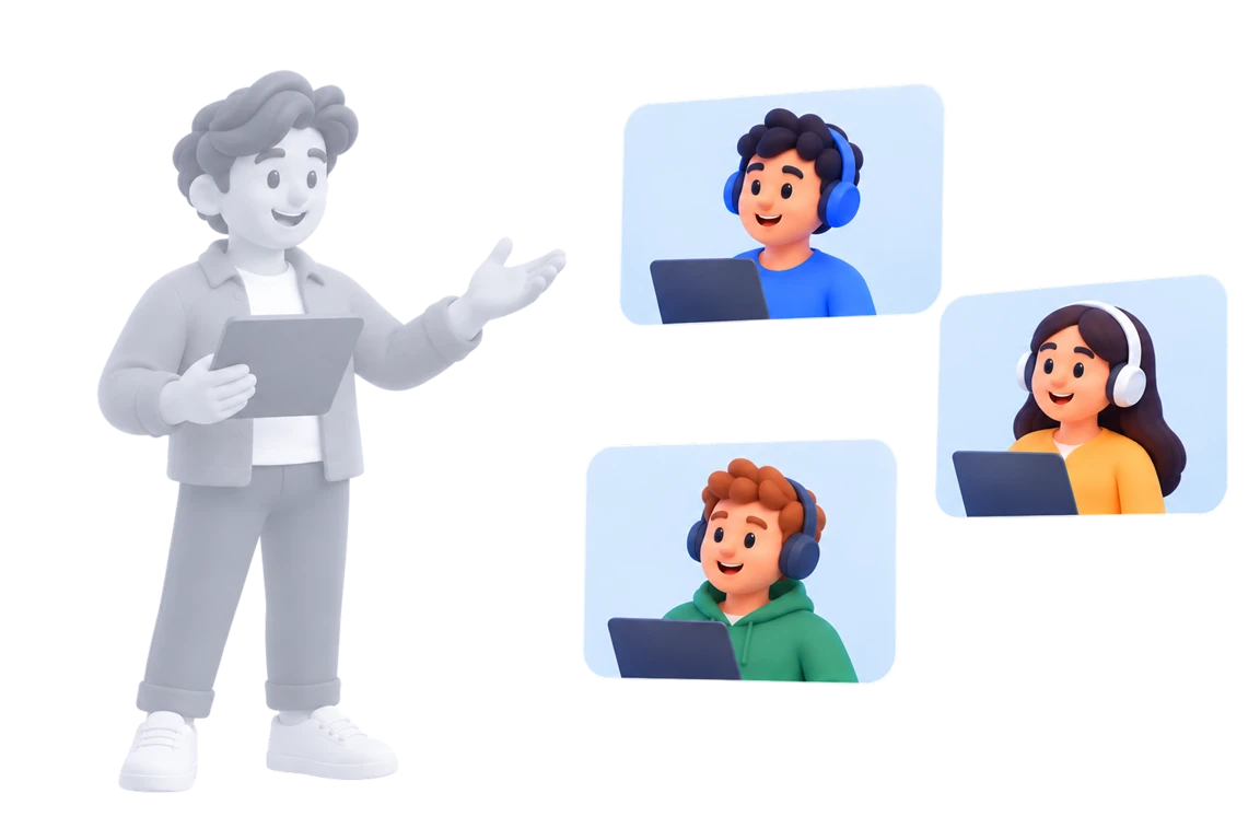 Illustratie van een trainer die op een tablet een oefensessie toont aan deelnemers die elk vanaf hun eigen scherm meedoen.