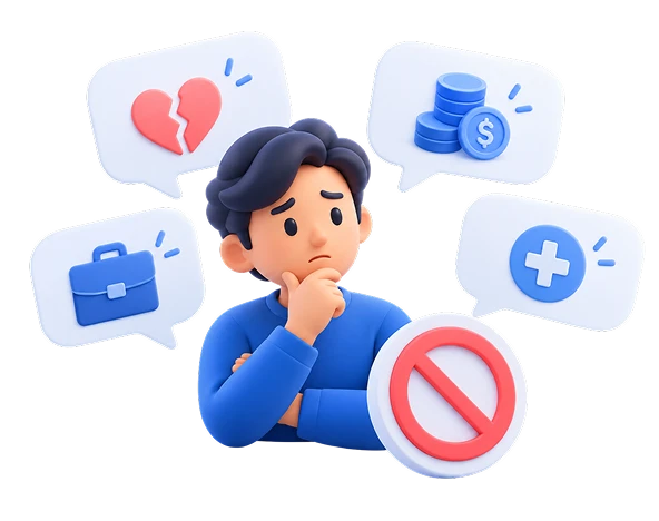Illustratie van een professional die nadenkt over een moeilijk gesprek, omringd door spraakbelletjes over relaties, financiën, werk en gezondheid.